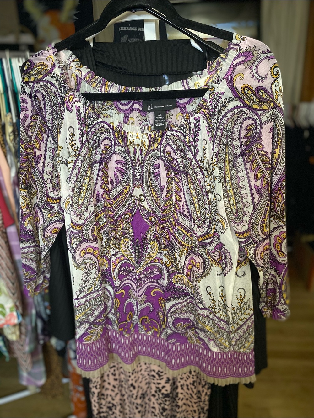INC International Concepts Purple and Cream Paisley Semi Sheer  Peasant Top